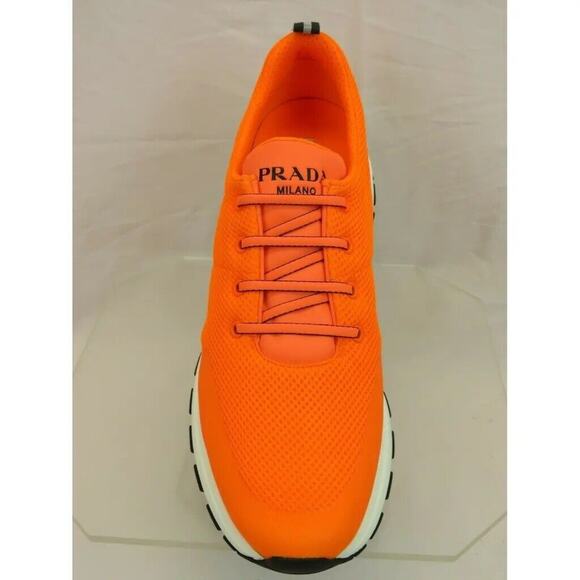 PRADA 4E3499 NEON ORANGE SPORT MESH BLACK LOGO LACE LOW TOP SNEAKERS 9 / US 10 - Picture 6 of 12